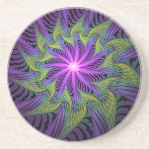 Posavasos Arte abstracto fractal moderno de flor verde púrpu