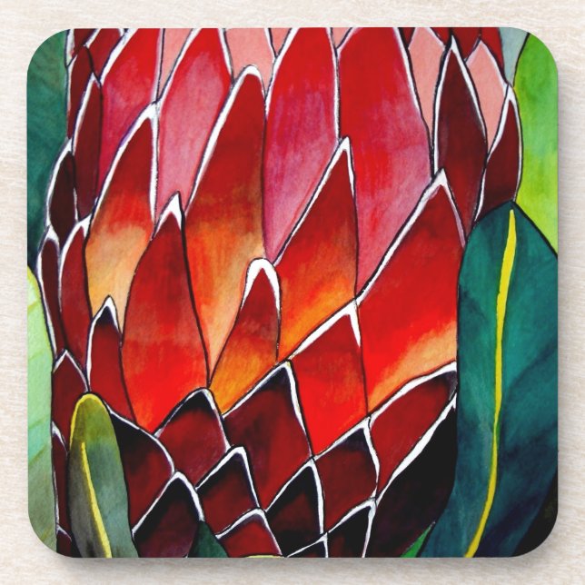 Posavasos Arte acuarela original de la flor Protea Roja (Frente)