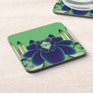 Posavasos Arte botánico fractal de loto azul turquesa oscuro