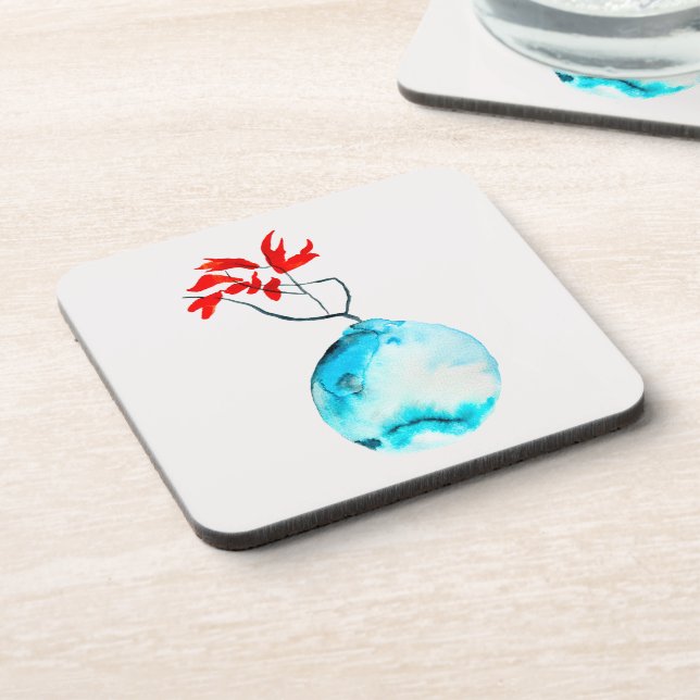 Posavasos Arte de acuarela con jarrón azul de Ikebana (Lado Izquierdo)