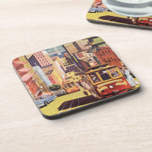 Posavasos Arte de cartel de viaje de antiguos tranvías de Sa