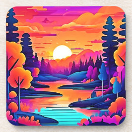 Posavasos Arte de fantasía del lago al atardecer