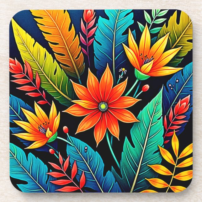 Posavasos Arte de flores tropicales vibrantes (Frente)