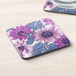 Posavasos Arte de flores vintage púrpura y azul