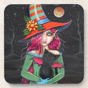 Posavasos Arte de Halloween de Bruja de Alas Pequeñas y Gato