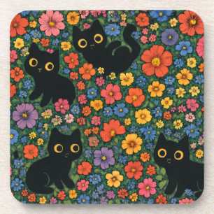 Posavasos Arte de jardín Kawaii   Patrón floral de gato negr