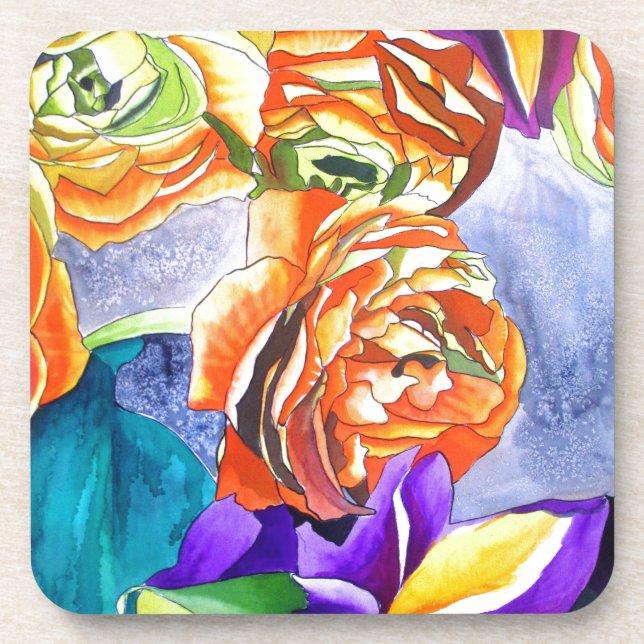 Posavasos Arte de la acuarela de Ranunculus e Iris (Frente)