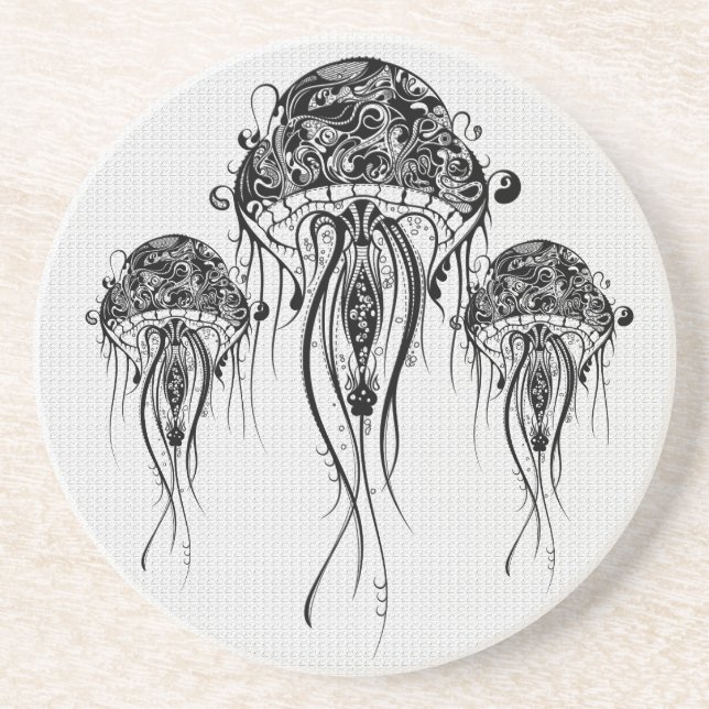 Posavasos Arte de los tatuajes de medusas en blanco y negro (Frente)