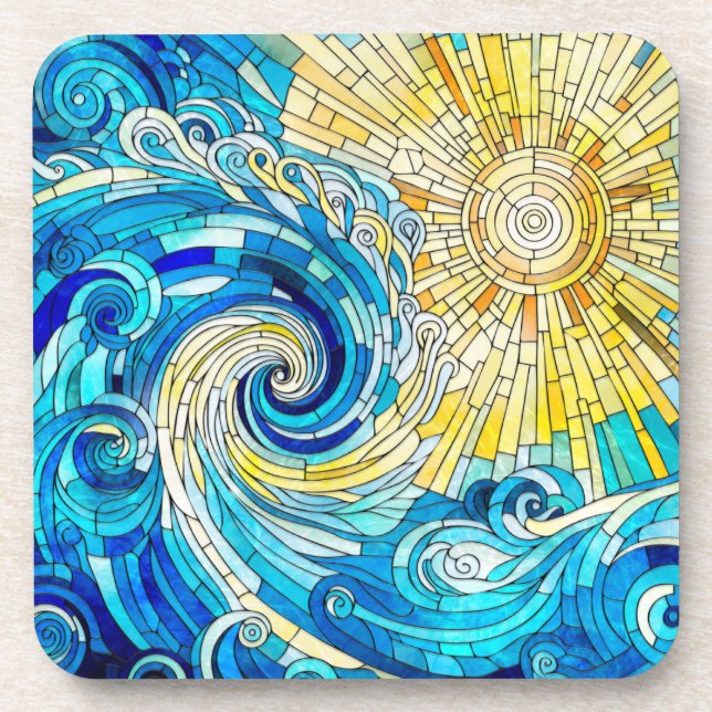 Posavasos Arte de mosaico de Ocean Wave Sun (Frente)