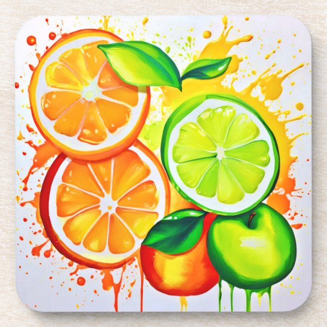 Posavasos Arte de Salpicaduras de Frutas Cítricas Vibrantes (Frente)