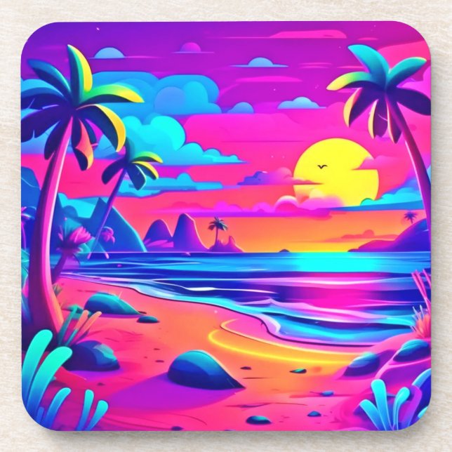 Posavasos Arte de Sunset en la playa de Neon Tropical (Frente)