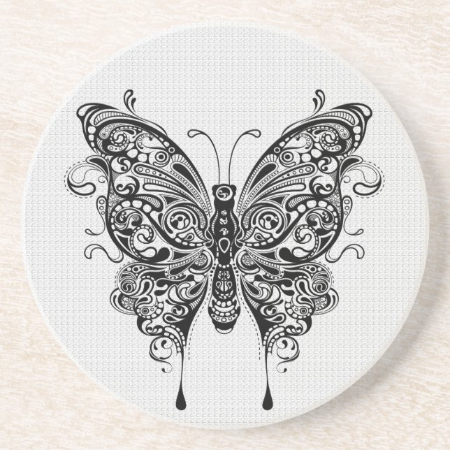 Posavasos Arte de tatuajes de mariposa en blanco y negro (Frente)