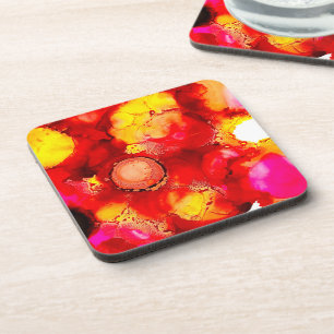 Posavasos Arte de tinta abstracta amarillo rojo y rosa