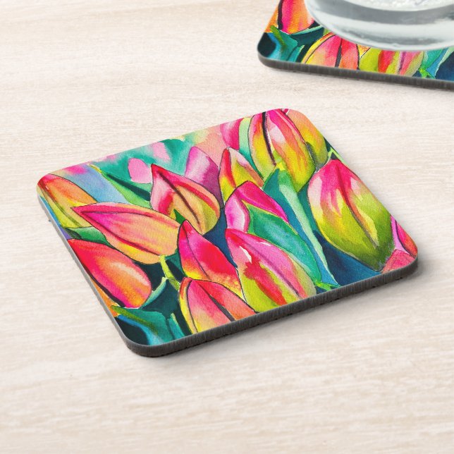 Posavasos Arte de tulipanes color agua rosa (Lado Izquierdo)