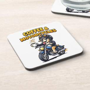 Posavasos Arte de un perro motociclista con café