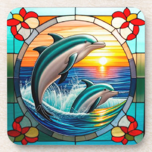 Posavasos Arte de vidrio pintado con delfines saltando al at