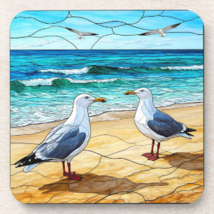 Posavasos Arte de vidrio teñido de gaviotas en una playa