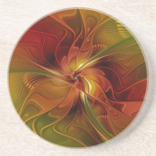 Posavasos Arte floral fractal abstracto rojo naranja marrón