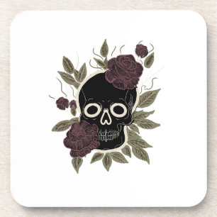 Posavasos Arte floral oscuro personalizado de cráneo y rosas