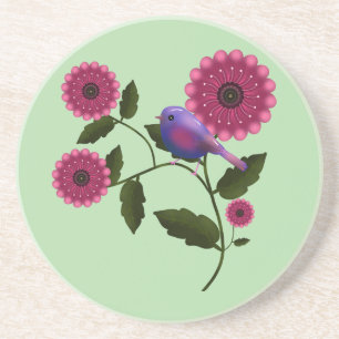 Posavasos Arte floral vibrante de primavera con pájaro púrpu