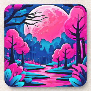 Posavasos Arte forestal iluminado por luna rosa