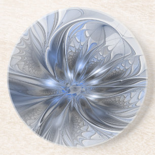 Posavasos Arte fractal floral abstracto de acuarela gris azu