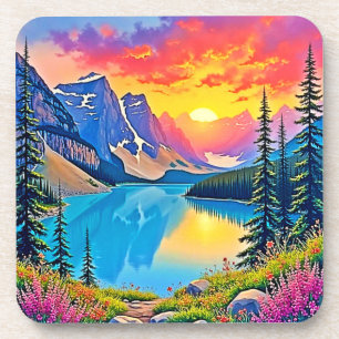 Posavasos Arte Majestuoso del Lago de la Montaña al Atardece