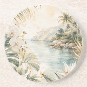 Posavasos Arte mural acuarela tropical de lujo costero  