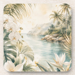 Posavasos Arte mural acuarela tropical de lujo costero  
