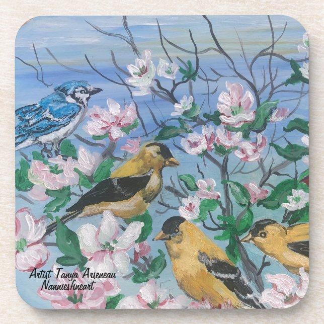 Posavasos Arte original pintado con la mano de los pájaros (Frente)