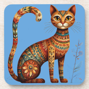 Posavasos Arte Popular Boho Tribal Gato Lindo con Flores