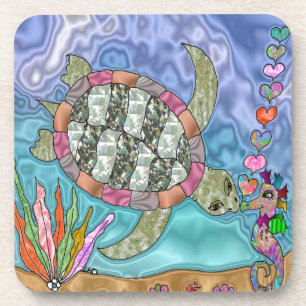 Posavasos Arte sicodélico de tortuga marina y caballito de m
