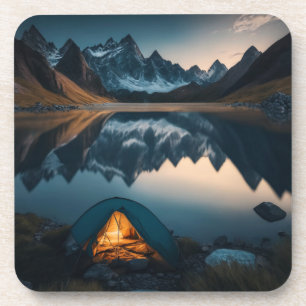 Posavasos Arte temático de camping de tienda, montañas y lag