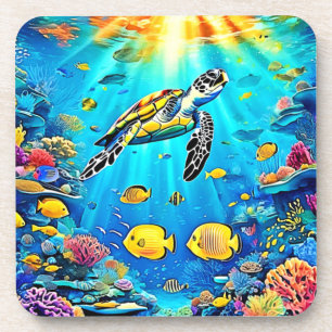 Posavasos Arte vibrante de arrecife de tortuga marina
