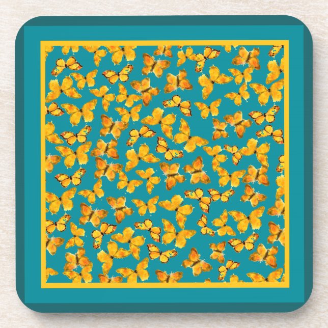 Posavasos Astras de corcho, mariposas doradas sobre azul (Frente)