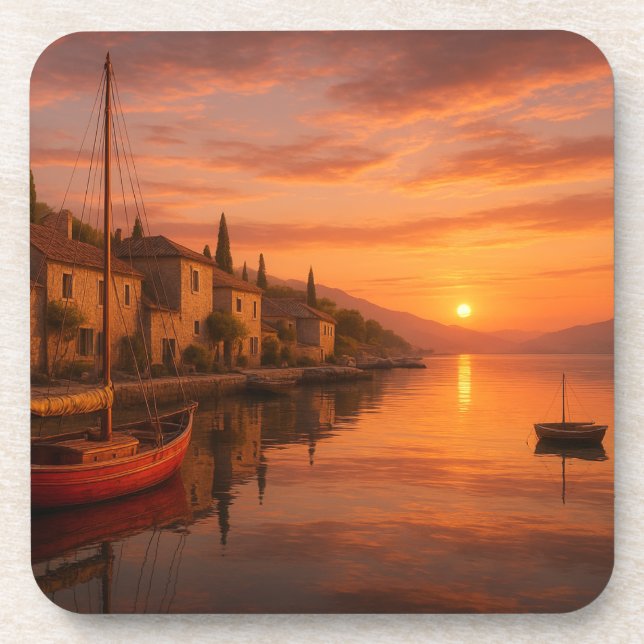 Posavasos Atardecer dorado sobre pueblo costero (Frente)