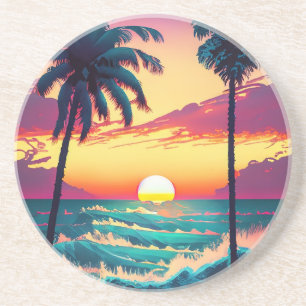 Posavasos Atardecer en la playa con palmeras pintadas