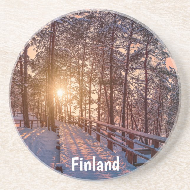 Posavasos Atardecer en un bosque de pinos nevado con rayos s (Frente)