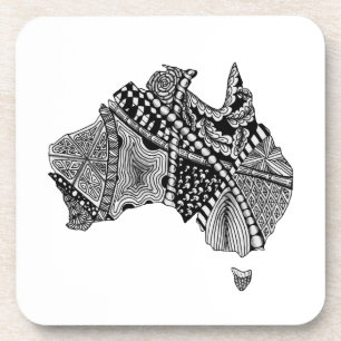 Posavasos Australia Mapa de Doodle Arte Negro y Blanco