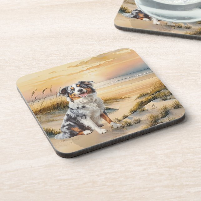 Posavasos Australian Shepherd in a Beach Cove (Lado Izquierdo)