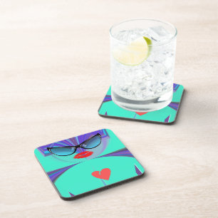 Posavasos Autorretrato caprichoso con corazón Fondo teal Co