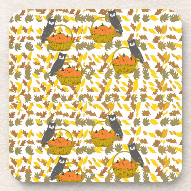 Posavasos Autumn Owl and Pumpkin Pattern Plastic Coaster Set (Frente)