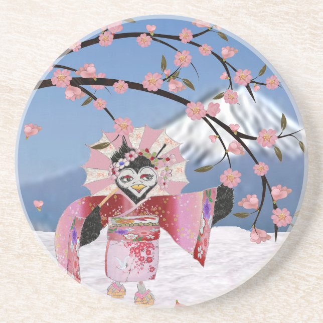 Posavasos Ave Sakura Geisha en flores de cerezo de nieve (Frente)