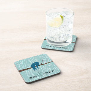 Posavasos Aves amorosas verde azuladas besándose sentadas en