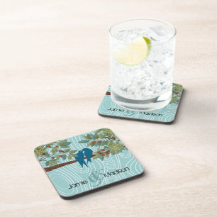 Posavasos Aves amorosas verde azuladas besándose sentadas en