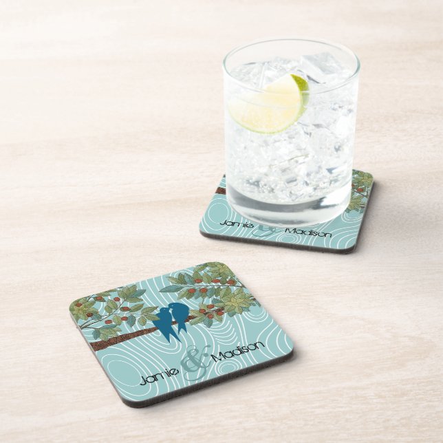 Posavasos Aves amorosas verde azuladas besándose sentadas en (Lado Derecho)