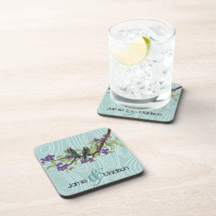 Posavasos Aves amorosas verde azuladas sentadas en el árbol