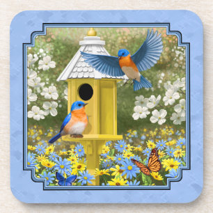 Posavasos Aves azules y hogar hexagonal azul