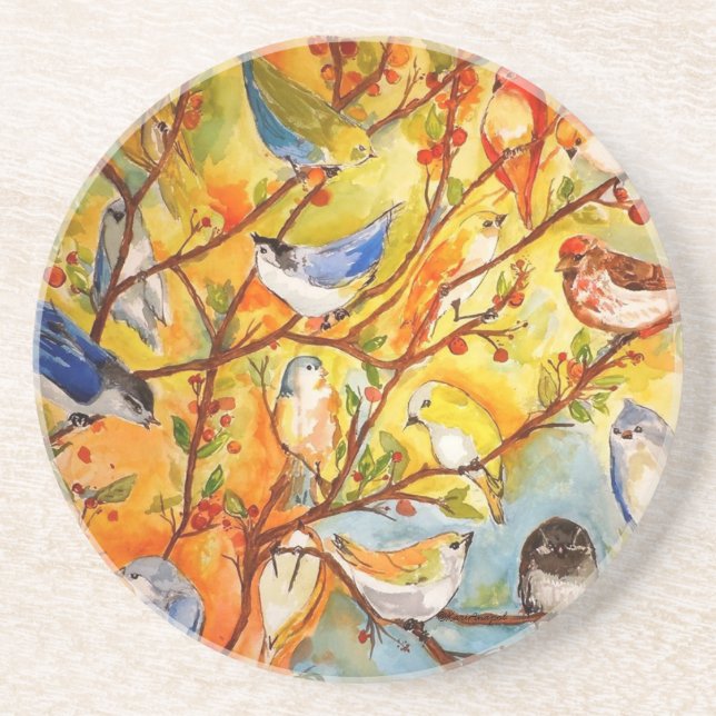 Posavasos Aves coloridas, escayola de piedra (Frente)