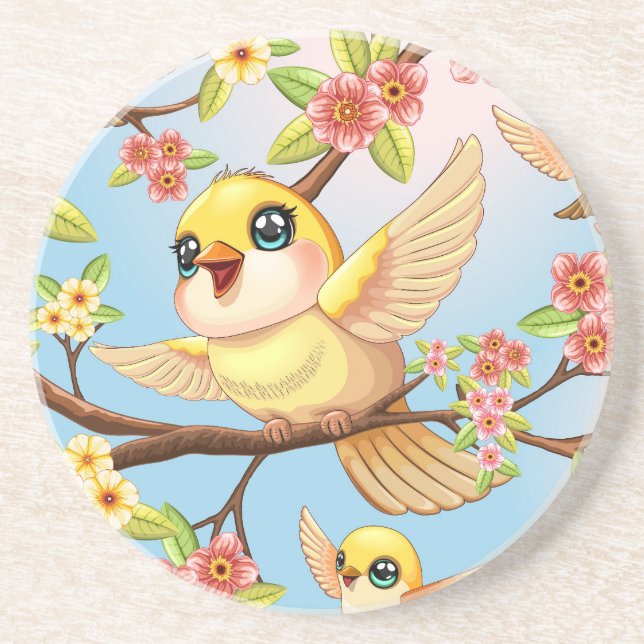 Posavasos Aves cortas y felices entre las flores de primaver (Frente)